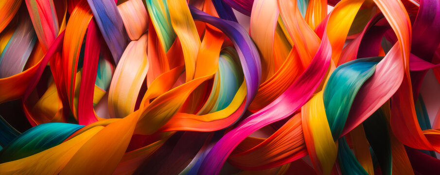 Captivating tapestry of colorful ribbons, symbolizing interconnected emotions worldwide, showcased in a soft ethereal light. Generative AI