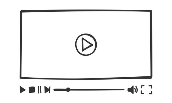 Video player template in doodle style. Hand drawn online movie monitor screen with buttons and loading slider bar. Multimedia app window in simple design. Vector graphic illustration