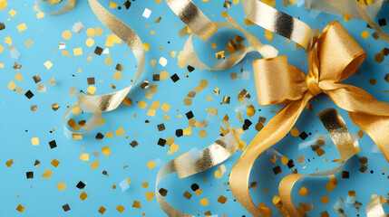 Gold and blue gift box with ribbon and bow on blue background created with Generative AI