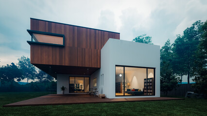 Perspective view of a modern two story house architecture on a cloudy day with wood and white paint...