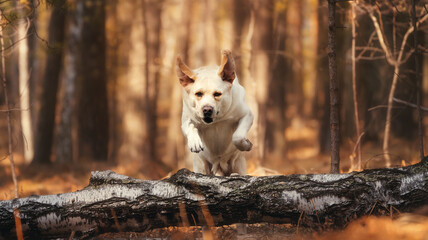 Labrador dog in the forest jumps over a tree. dog outdoor activity