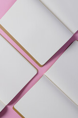 Close up of open books with copy space on pink background