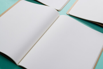 Close up of open books with copy space on green background