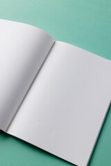 Close up of open book with copy space on green background