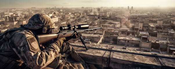 Captivating urban sniper scene with an elite marksman positioned atop a city building, conveying intense emotion and suspense. Perfect for military & action themes. Generative AI