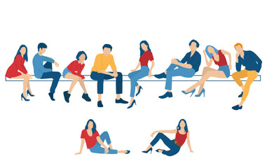 Men and a women sitting on a bench, different colors, cartoon character, group  silhouettes of business people, students, the design concept of flat icon, isolated on white background