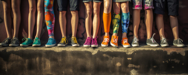 Fototapeta na wymiar Captivating friendship scene with legs of friends in colorful shorts, mismatched socks and shoes hanging above graffiti-covered concrete ledge, casting striking shadows below. Generative AI
