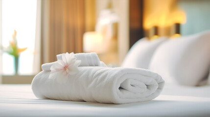 Fototapeta na wymiar Bath towel and flower on comfortable bed and soft white mattress in hotel. created with generative AI technology.