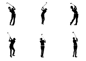 people playing golf in various poses isolated vector silhouette on white background