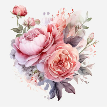 Illustration, AI generation. watercolor peony flower with roses and ranunculus.