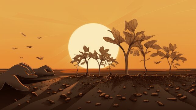Sowing Seeds of Change: A symbolic illustration featuring hands planting seeds in a barren land, signifying the transformative power of sustainable actions for a better future | generative ai
