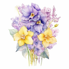 Illustration, AI generation. watercolor abstract flowers similar to daffodils, transparent white background.