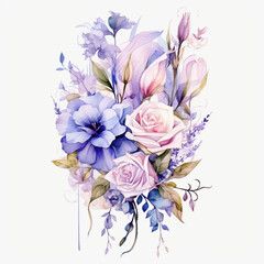 Illustration, AI generation. watercolor purple and pink roses, transparent white background.