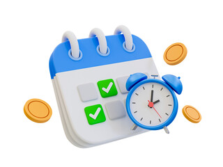 Obraz premium 3d minimal time is money concept. monthly wage concept. payday concept. calendar with alarm clock and coins. 3d illustration.