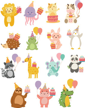 Set Collection Cute Cartoon Animal Birthday Party Illustration vector