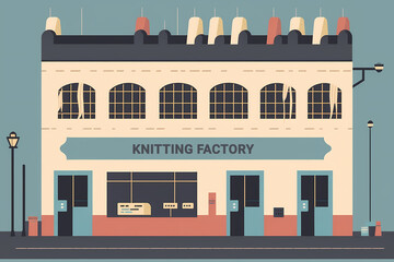 Minimalistic image of the building of the knitting factory in the style of the 60s