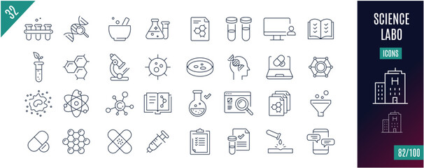 Collection Science line icons. Laboratory, molecule, data, equipment - obrazy, fototapety, plakaty