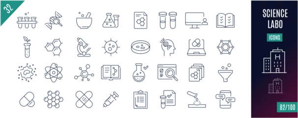Foto op Plexiglas Collection Science line icons. Laboratory, molecule, data, equipment © PixelDesign