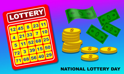 a sheet or lottery board containing numbers and coins and dollar bills commemorating National Lottery Day on July 17
