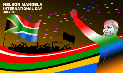 abstract illustration of president Nelson Mandela with south Africa flag pattern frame ribbon and African flag commemorating Nelson Mandela International Day on 18 July