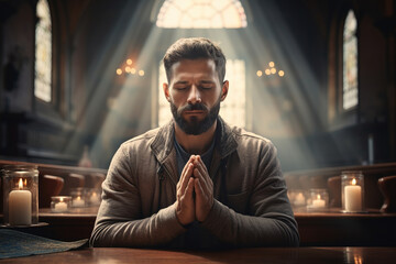 Obraz premium A middle-aged man praying intently in a Christian church, AI generation