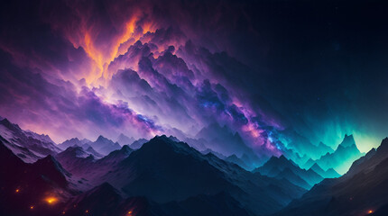 Abstract composition depicting wilderness with mountains on the background of outer space with dramatic clouds, AI generation