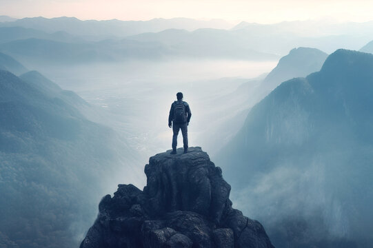 A happy man, a climber, on the top of a mountain. Generation of AI