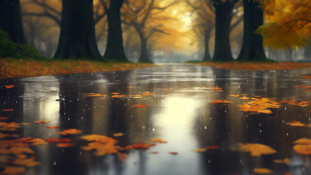 A rainy day in the city in summer. The texture of powerful drops and splashes of water. A puddle with ripples on the road. AI generation