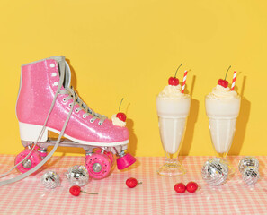 Summer creative layout with pink roller skate with whipped cream and red cherry, two milkshakes, disco balls, and cherries on pastel pink plaid and yellow background. 80s or 90s retro aesthetic 