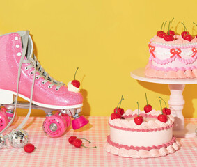 Summer creative layout with pink roller skate with whipped cream and bright red cherry, vintage cakes, disco balls, and cherries on pastel pink plaid and yellow background. 80s or 90s retro aesthetic