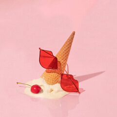 Summer creative layout with ice cream cone up side down with vanilla ice cream scoop with bright...