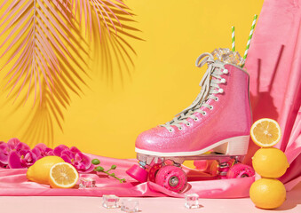 Summer creative layout with pink roller skate with ice cubes, lemons, flowers, pink curtain, pink palm leaf on pastel pink and yellow background. 80s or 90s retro aesthetic refreshment idea. 