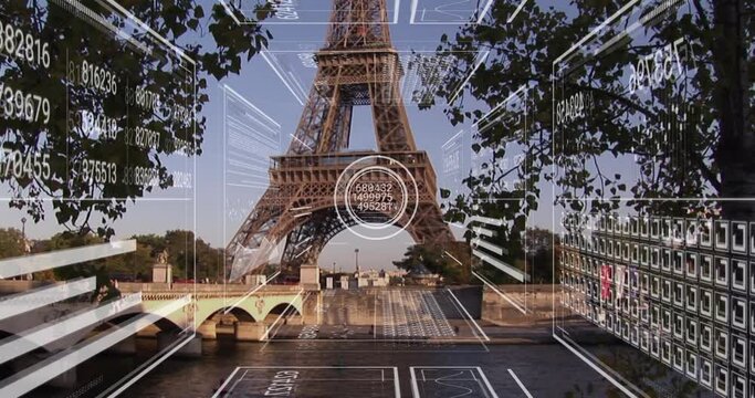 Animation of data processing over paris cityscape with eiffel tower