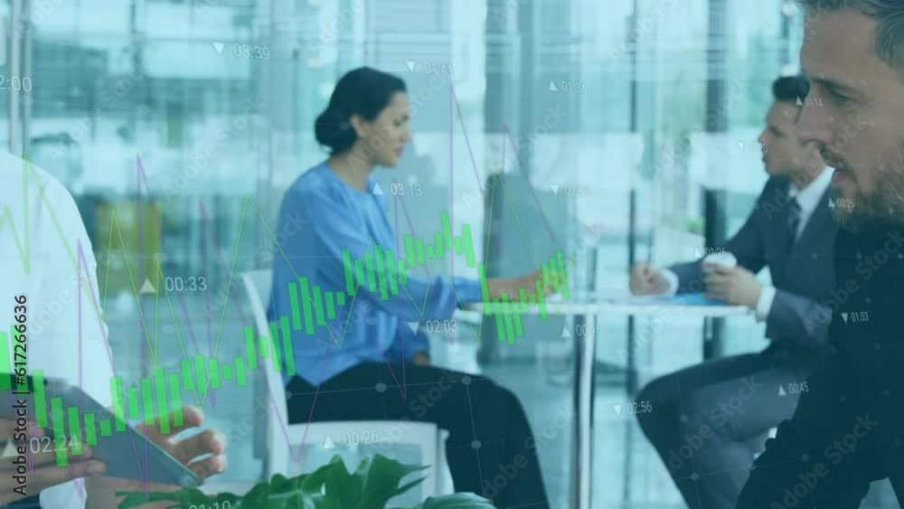 Aufkleber animation of data processing against two diverse businessmen discussing in cafe at office