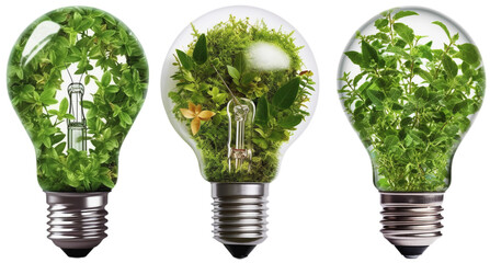 light bulbs representing the environment, conservation of nature, global warming and green electricity, on a transparent background, Generative AI - obrazy, fototapety, plakaty