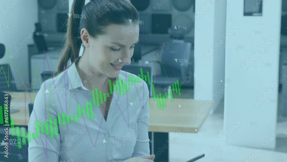 Poster animation of data processing against caucasian woman smiling while using digital tablet at office