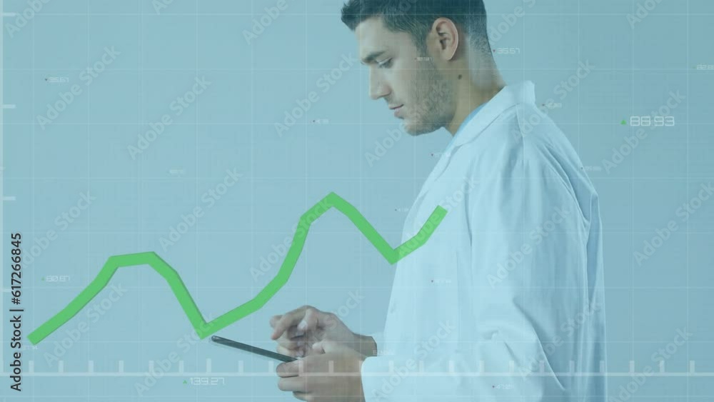 Poster animation of statistical data processing over caucasian male doctor using digital tablet at office