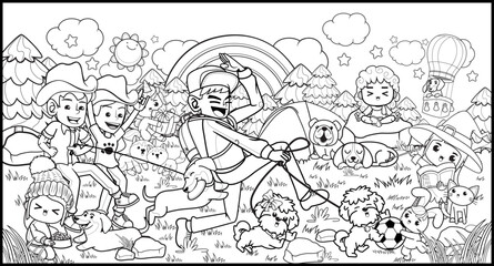 Coloring page  in the park with cute puppies