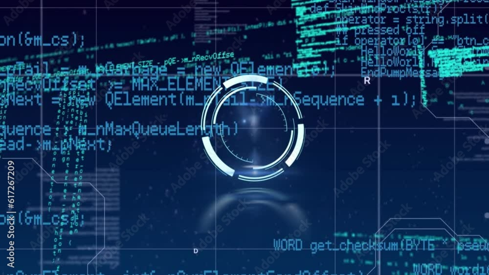 Poster animation of neon round scanner and data processing against blue background