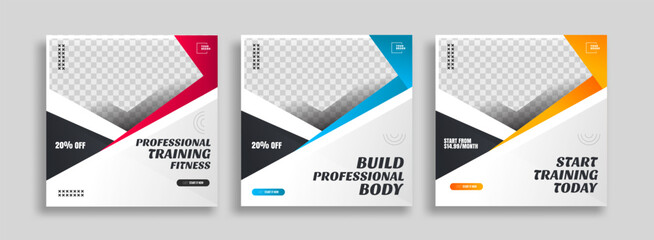 set of posts on social media vector illustration. Stylish graphics templates posts. dynamic abstractions typography photo. modern art paint and brush stains, fitness subjects gym.