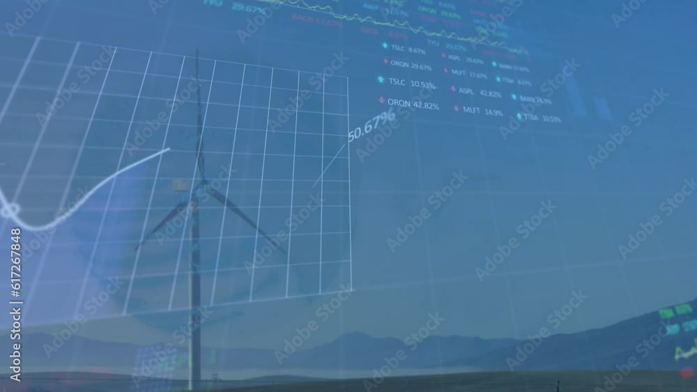 Aufkleber animation of statistical and stock market data processing over spinning windmill on grassland
