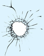 A hole with the texture of cracks in the glass from a gunshot to the window. Transparent background in png format for design use.