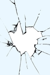 Broken glass texture with translucent background in window on white background.