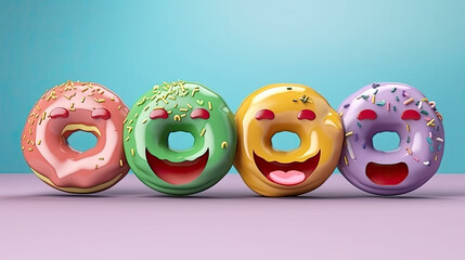 Cartoon donuts with different faces on colorful background.