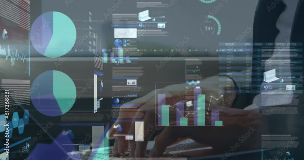 Poster animation of statistical data processing over mid section of business man using laptop in a train