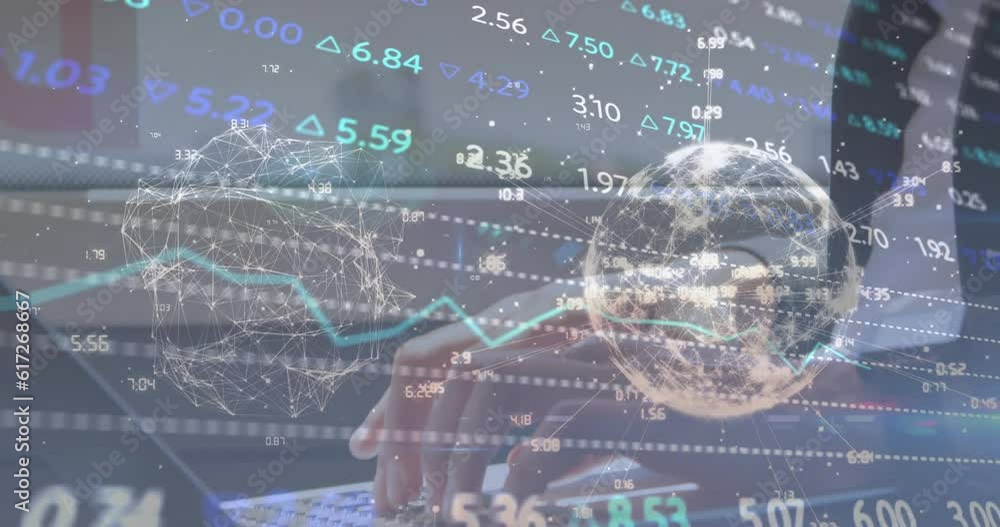 Poster animation of stock market data processing over mid section of business man using laptop in a train