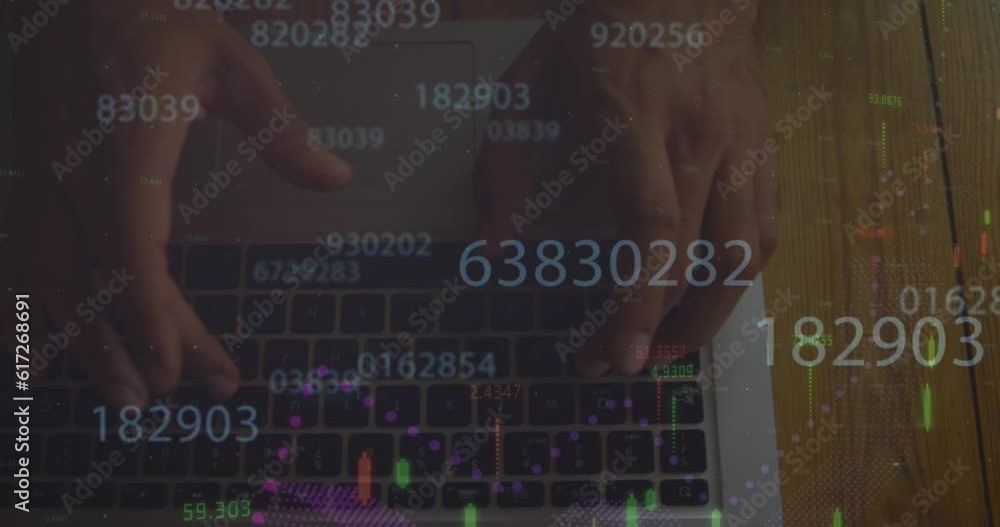 Poster Animation of financial data processing against overhead view of mid section of man using laptop