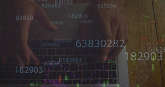 Animation of financial data processing against overhead view of mid section of man using laptop