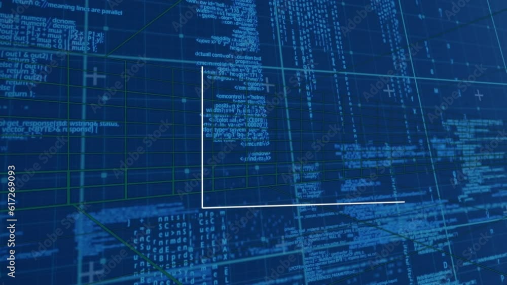 Aufkleber animation of graph and data processing over grid network against blue background