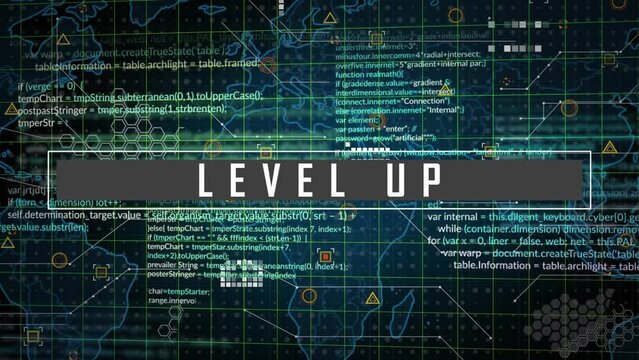 Animation of level up text banner and data processing over world map against black background